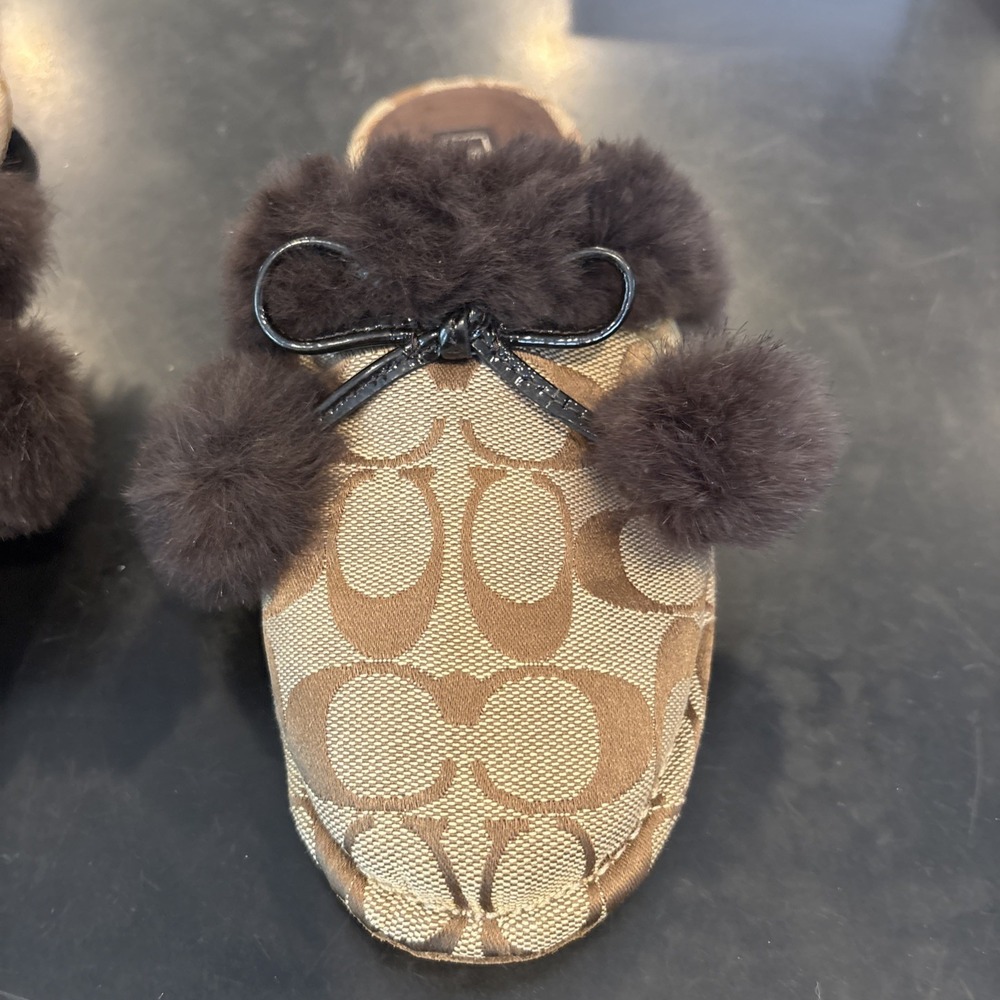 Coach Signature Fur Trim Mule Slippers Women's Brown Logo SlipOn House Shoes Sz5 - Picture 8 of 9